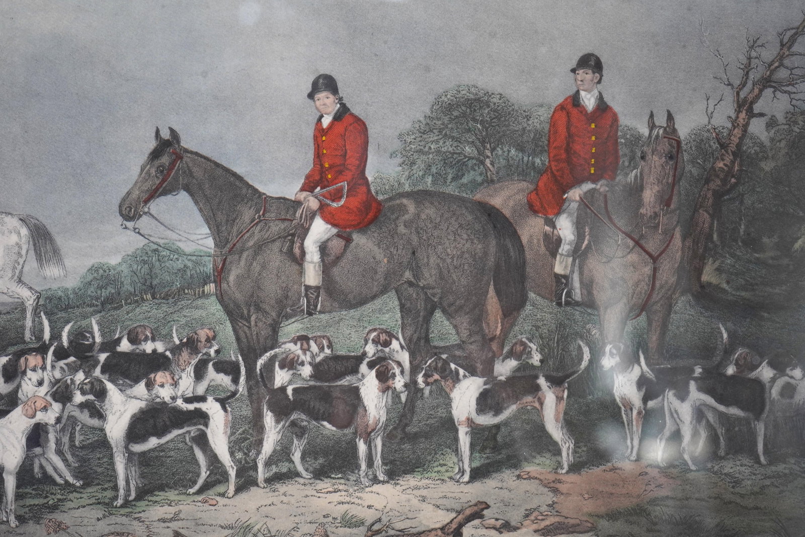 Vintage Framed Engraving Print of Horses & Dogs Hunt Scene - 5