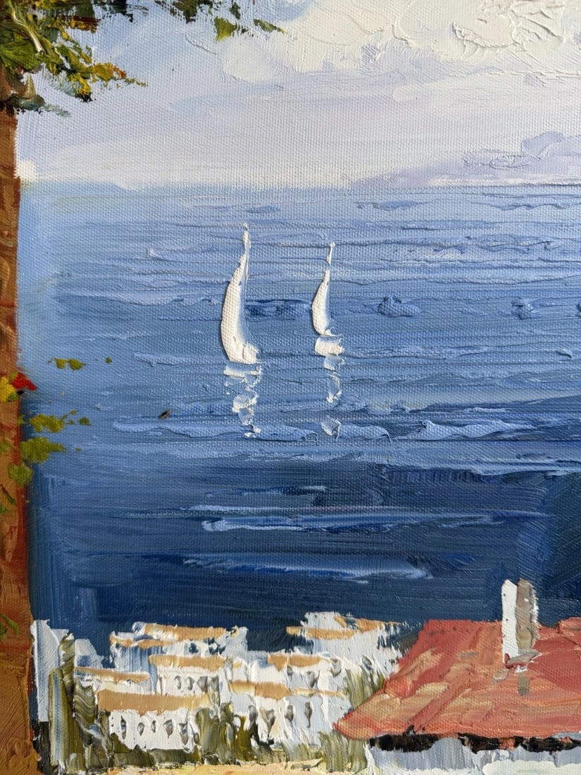 Late 20th Century Stunning Original Oil Painting On Canvas, Mediterranean Coastal Scene 29x41 - 4
