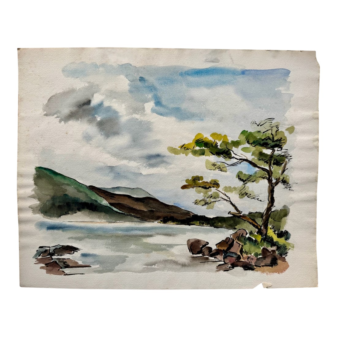 Henry Emil Salloch Original Watercolor on Paper Lakeside Bay, 1962.: Original watercolor on paper by Henry Emil Salloch, also known as Heinz Emil Salloch, the German-born American artist and graphic designer who emigrated to the United States in 1937. This unframed