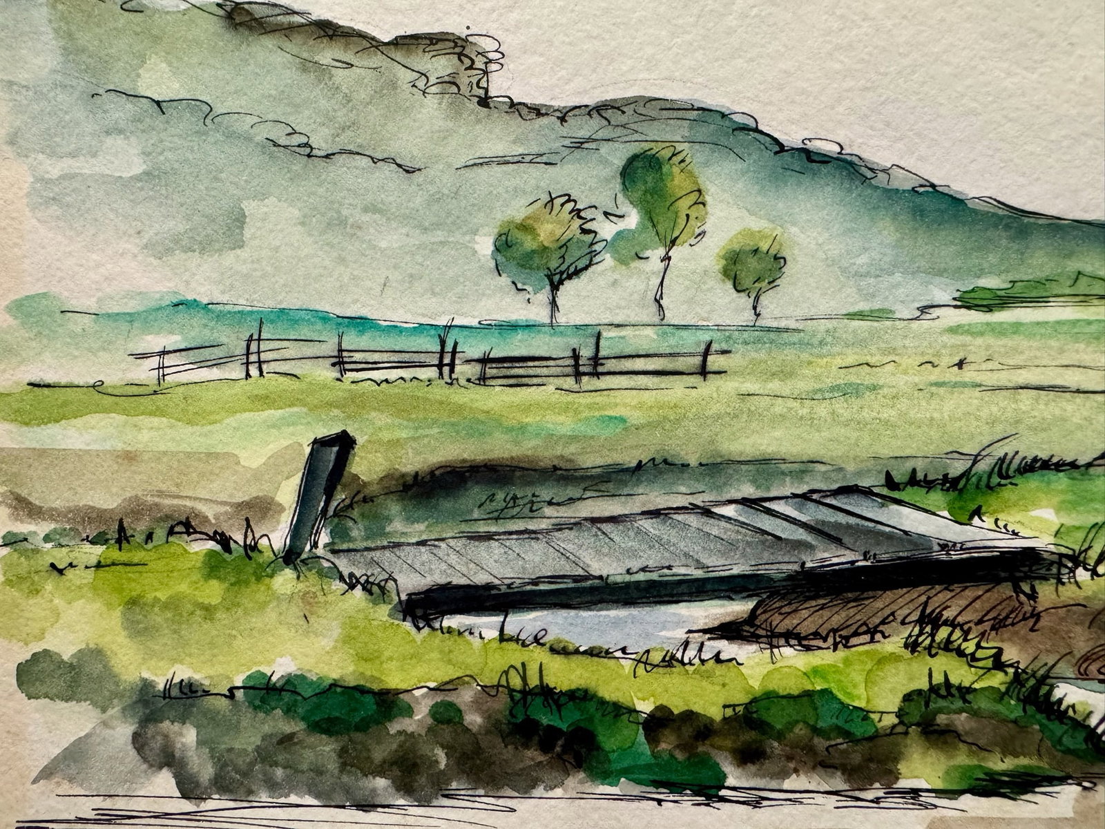 Henry Emil Salloch Original Watercolor on Paper Country Pasture, 1944. - 2