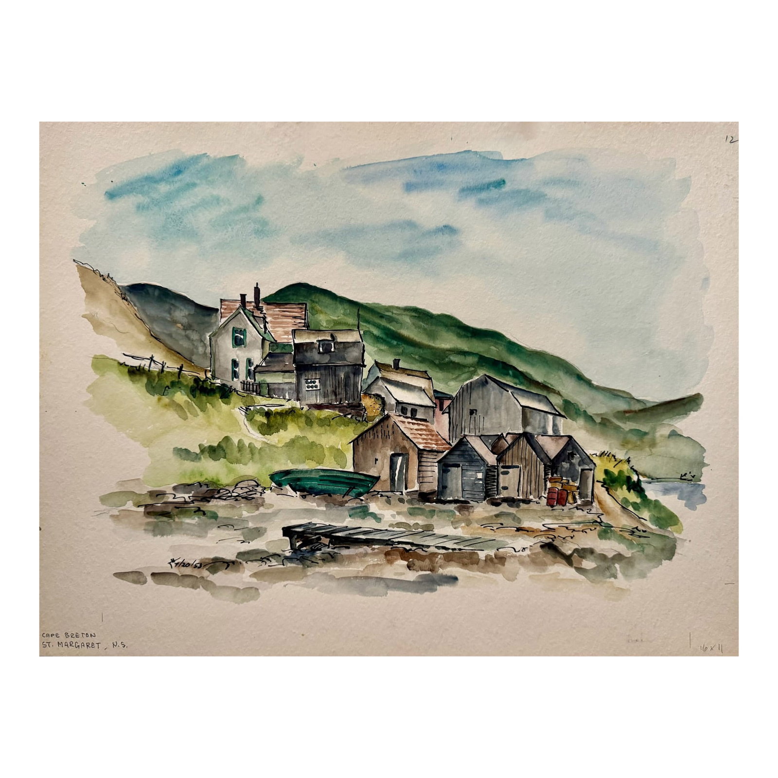Henry Emil Salloch Original Watercolor on Paper Cape Breton St Margaret, Ns, Canada. 1953.: Original watercolor on paper by Henry Emil Salloch, also known as Heinz Emil Salloch, the German-born American artist and graphic designer who emigrated to the United States in 1937. This unframed wor