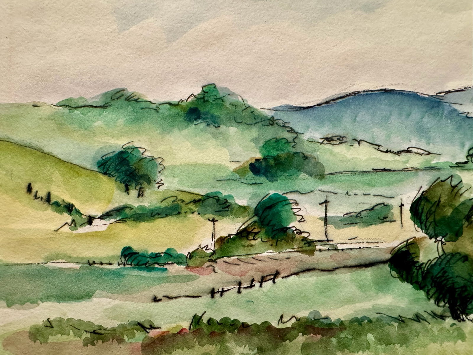 1940s Henry Emil Salloch Original Watercolor on Paper Rolling Green Hills and Pastureland. - 2