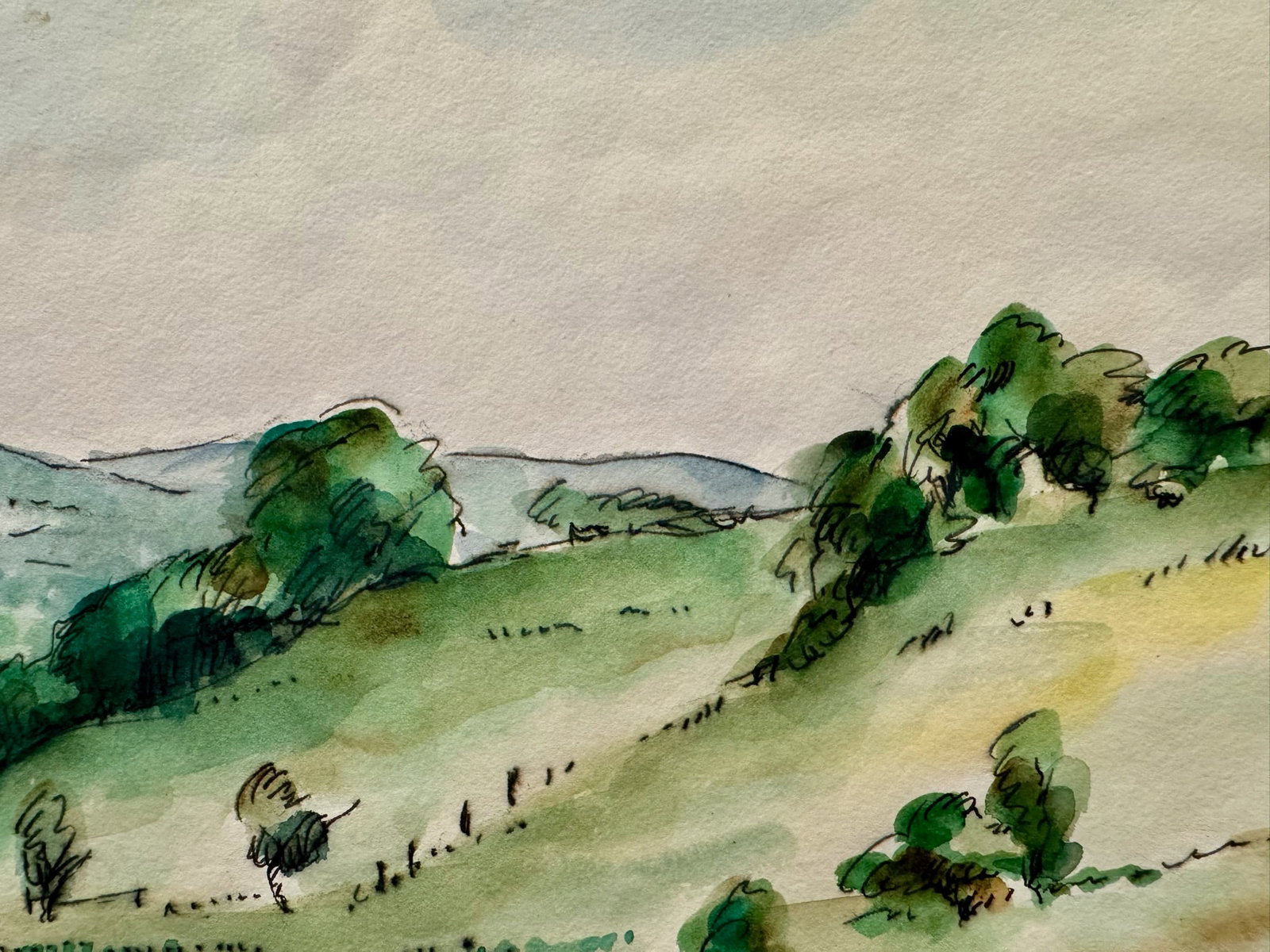 1940s Henry Emil Salloch Original Watercolor on Paper Rolling Green Hills and Pastureland. - 3