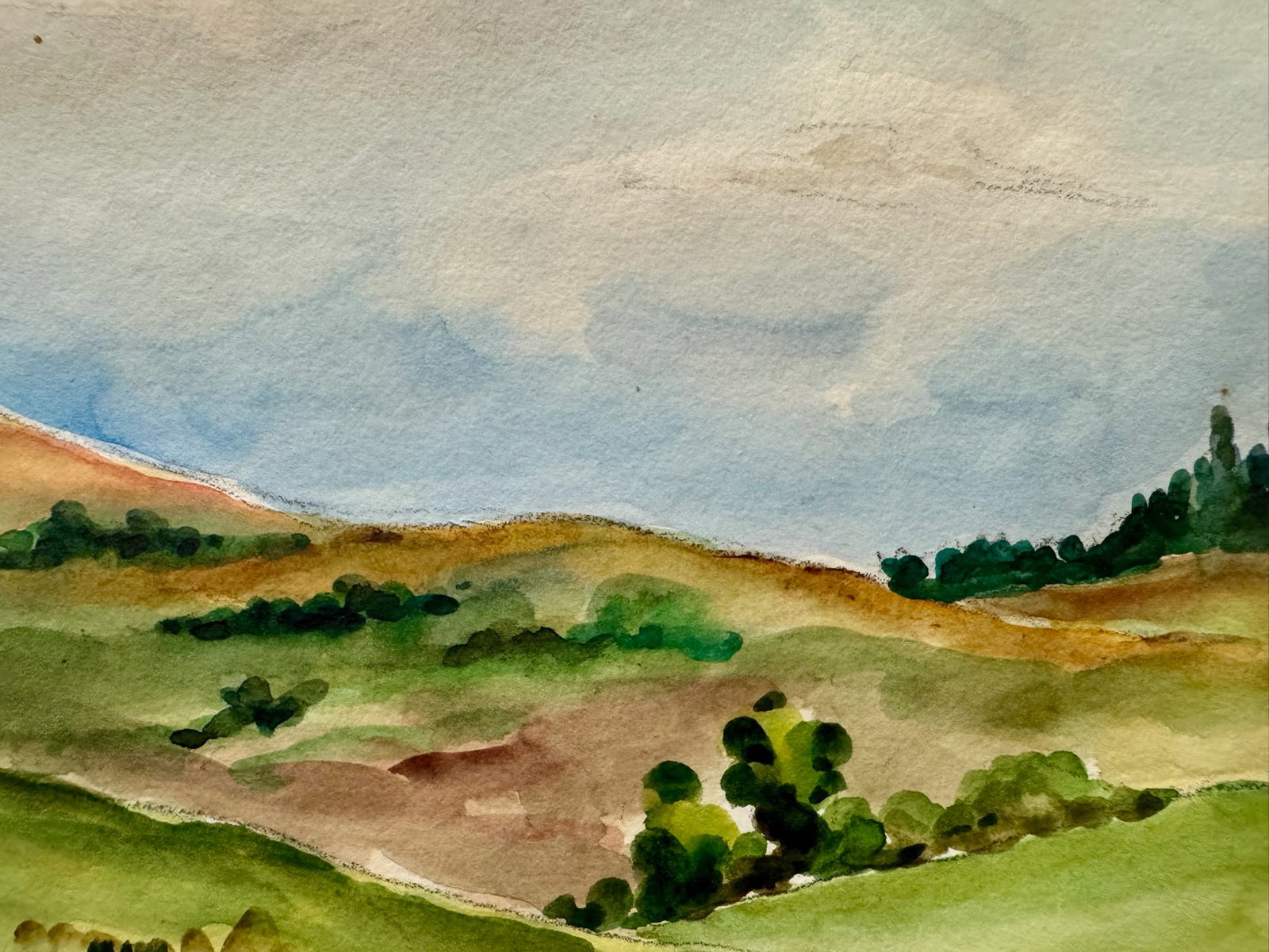 Henry Emil Salloch Original Watercolor on Paper Pastoral Green Hills, 1942. - 3