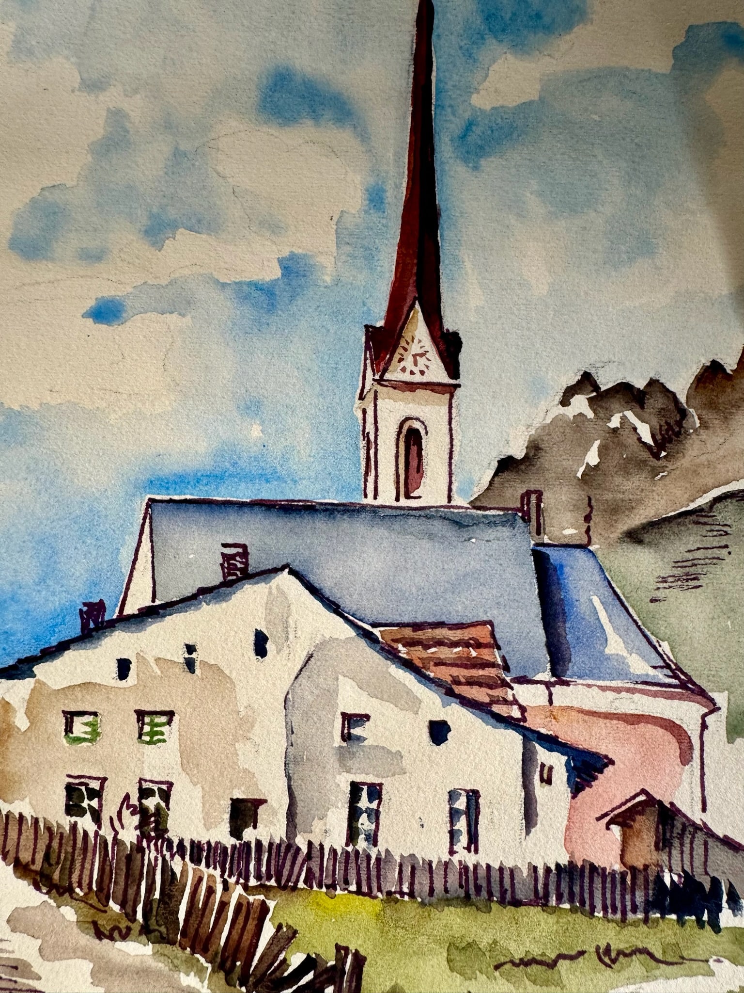 Henry Emil Salloch Original Watercolor on Paper Modernist European Village Church, 1968. - 2