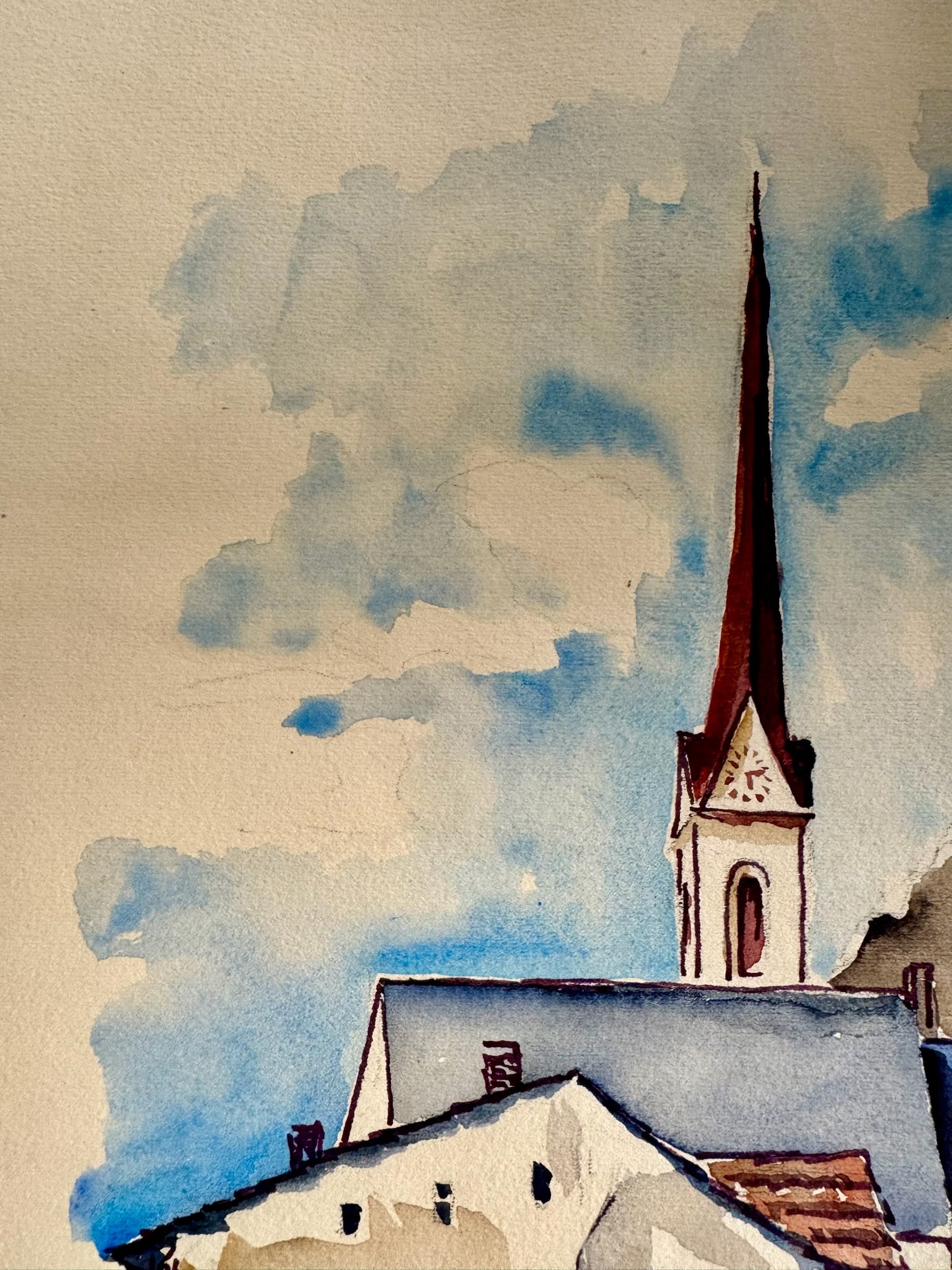 Henry Emil Salloch Original Watercolor on Paper Modernist European Village Church, 1968. - 3