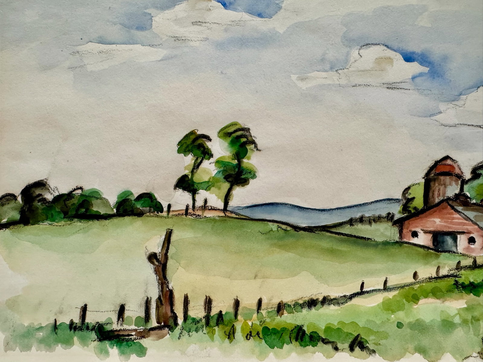 1940s Henry Emil Salloch Original Watercolor on Paper Pastoral Barn Landscape. - 2