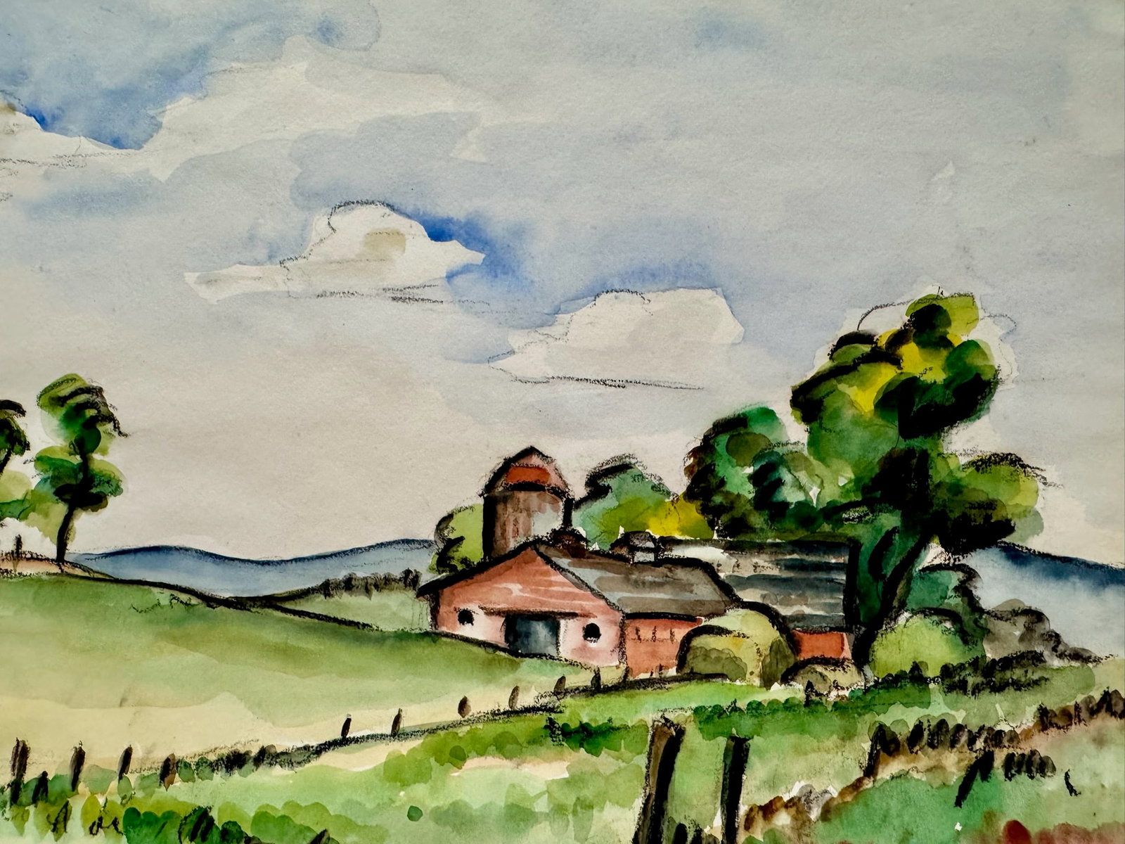 1940s Henry Emil Salloch Original Watercolor on Paper Pastoral Barn Landscape. - 3
