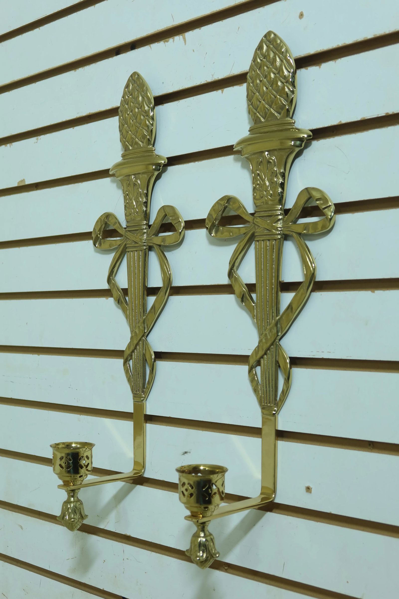 Pair Virginia Metalcrafters Brass Torch & Ribbon Wall Sconces - 2