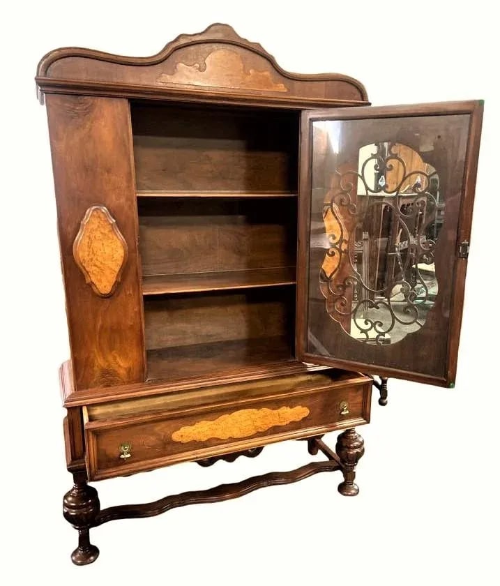 Early 20th Century Antique Spanish Revival Walnut and Burlwood China Cabinet - 2