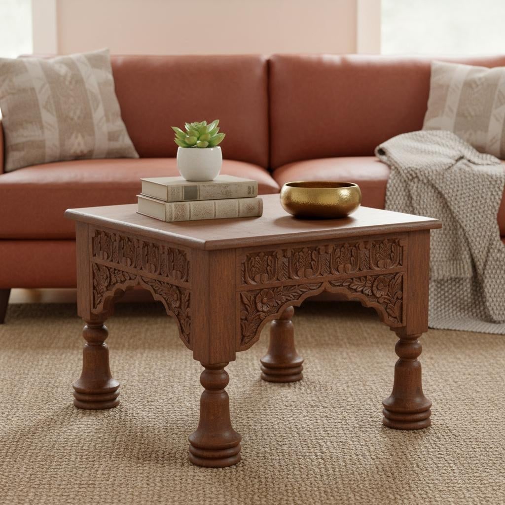 Vintage Carving Repurposed End Table| Solid Wood Square Side Table| Farmhouse Country Ranch Occasion - 2