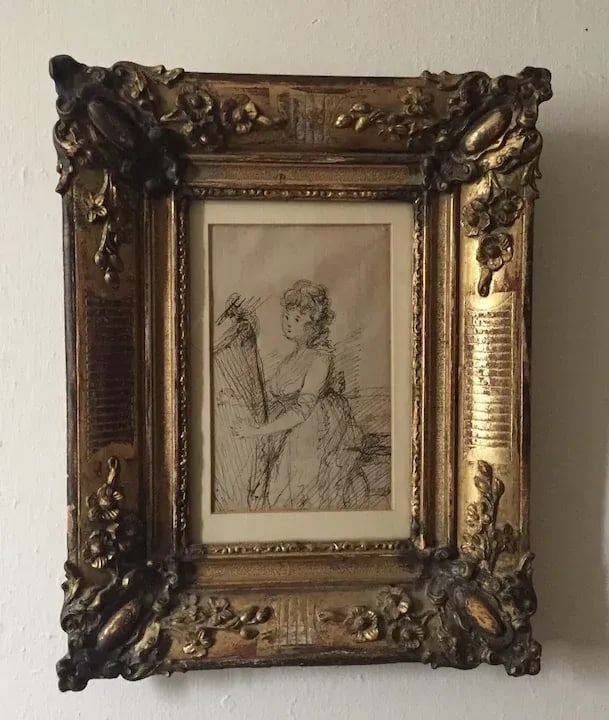 Late 19th Century French Belle Epoque Drawing of a Seated Classical Lady Playing the Harp by Constan - 2