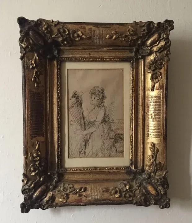Late 19th Century French Belle Epoque Drawing of a Seated Classical Lady Playing the Harp by Constan - 3
