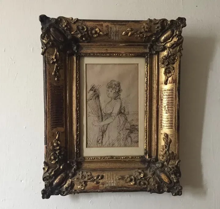 Late 19th Century French Belle Epoque Drawing of a Seated Classical Lady Playing the Harp by Constan - 4
