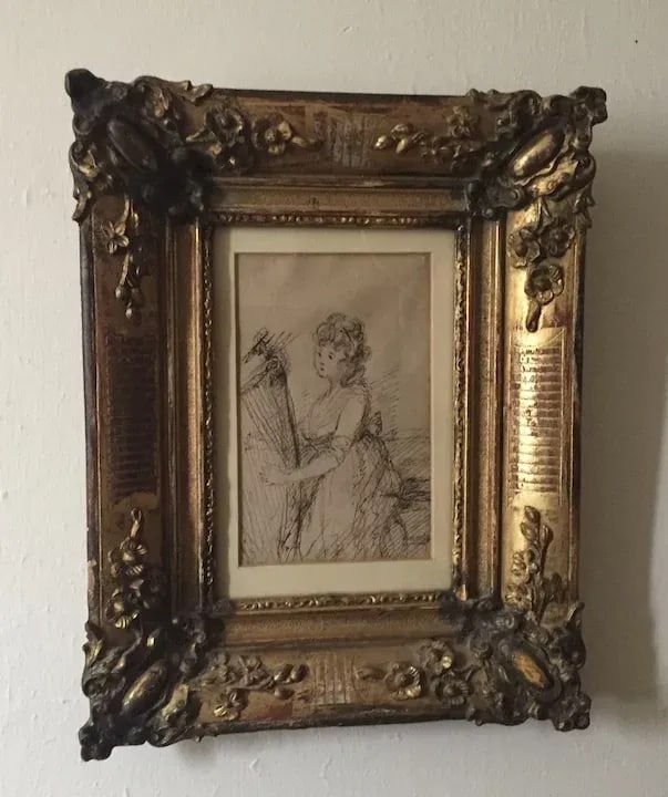 Late 19th Century French Belle Epoque Drawing of a Seated Classical Lady Playing the Harp by Constan - 7