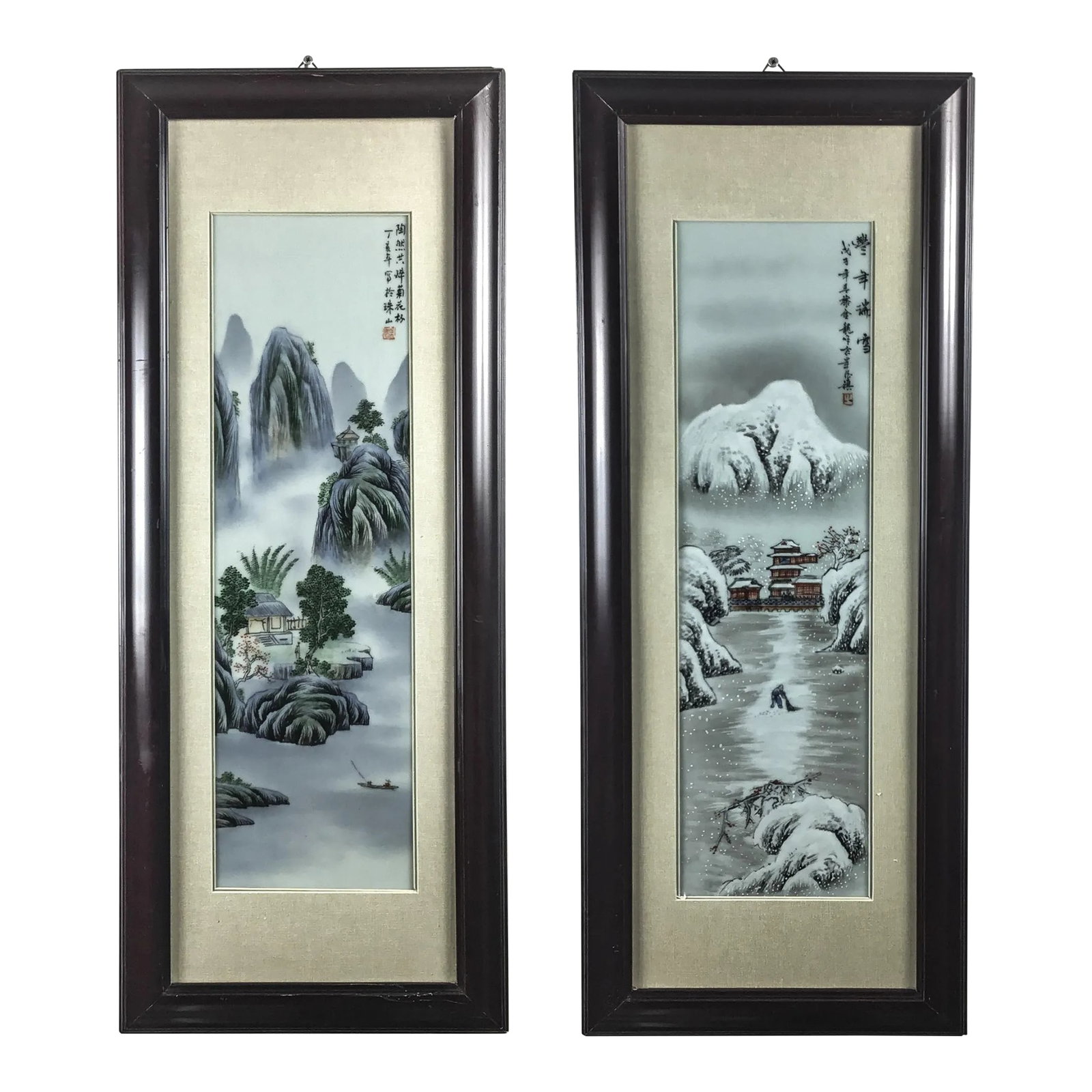 Framed Artist Signed Vintage Paintings on Porcelain - a Pair: Beautiful pair of intricate hand painted under glazed Chinese traditional landscapes of winter and summer. Seems that the artist is different but this pair of artworks has been matted and framed the