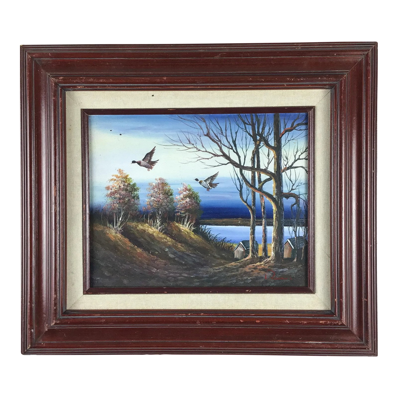 Vintage Artisan Original Oil Painting Duck Themed: Beautiful and intricate oil painting with wood and canvas matting and frame. Mallard ducks fly through the sky with bare tree branches in the background. Signed by the artist and in wonderful vintage 