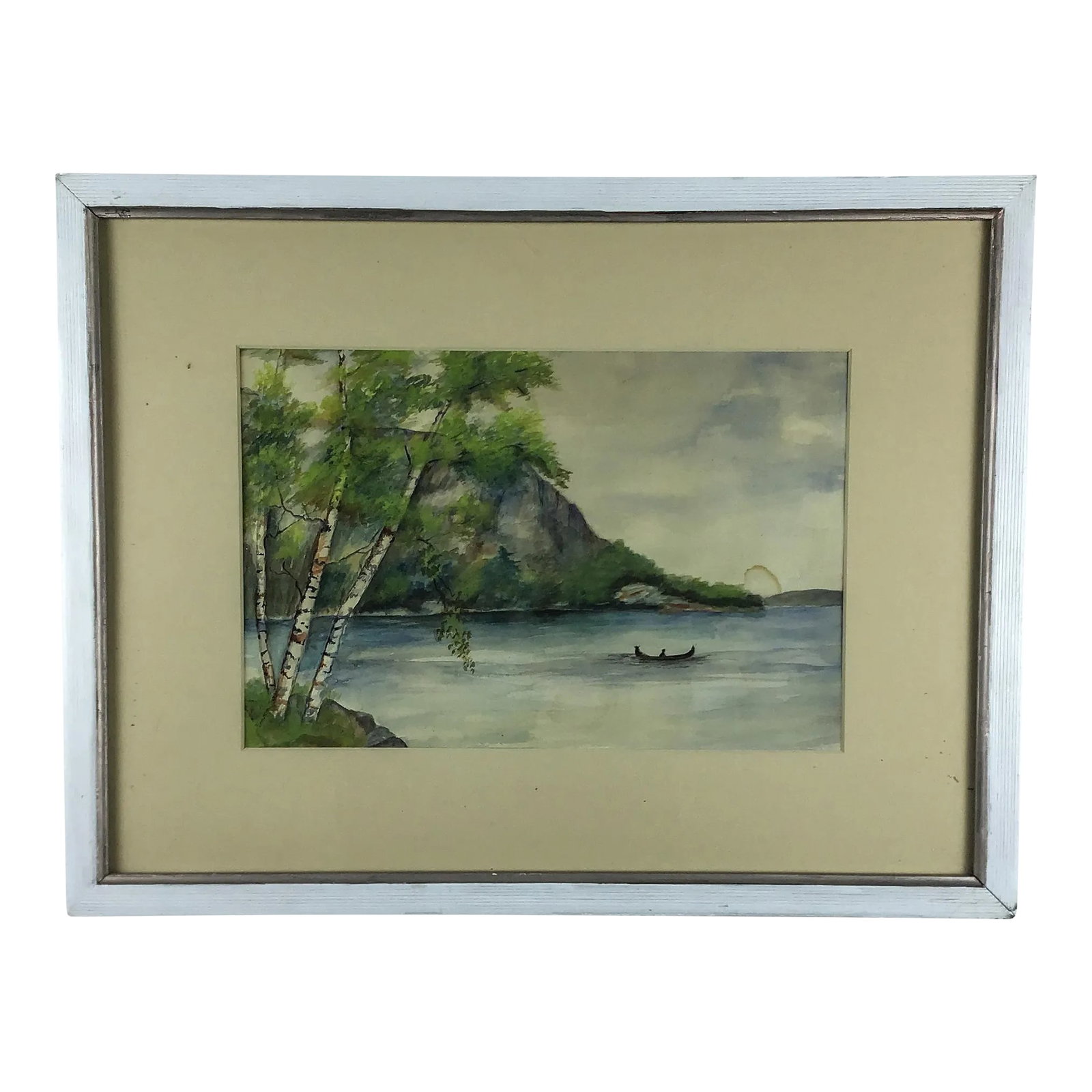 Vintage Original Watercolor Painting Framed Matted: Very serene watercolor painting done by an unknown without signature. Birch trees are hanging over a body of water and a single canoe boat with a person is drifting along the shore. There is a water