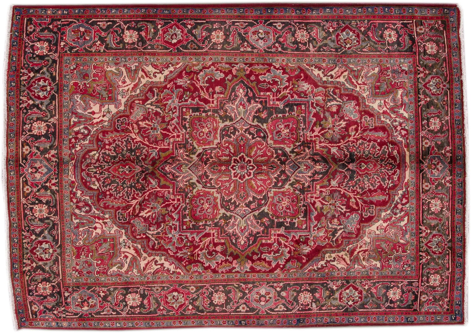 Vintage Persian Heriz Handmade Ruby-Red Floral Wool Rug - 5