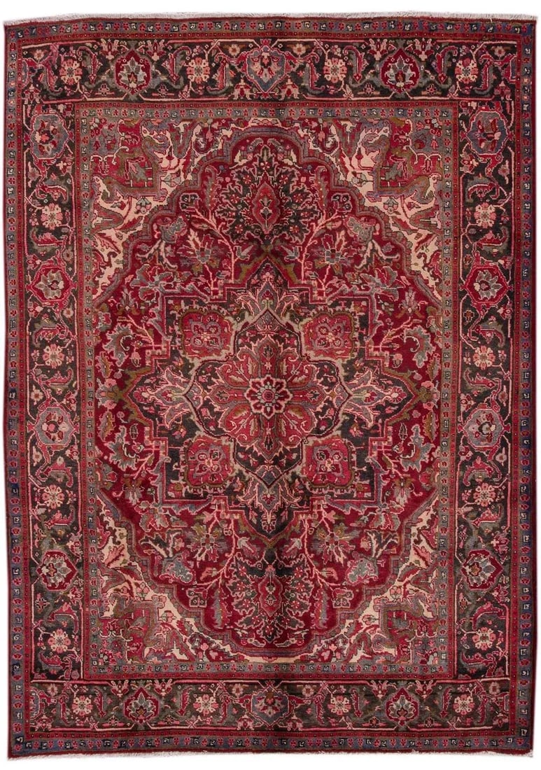 Vintage Persian Heriz Handmade Ruby-Red Floral Wool Rug - 6