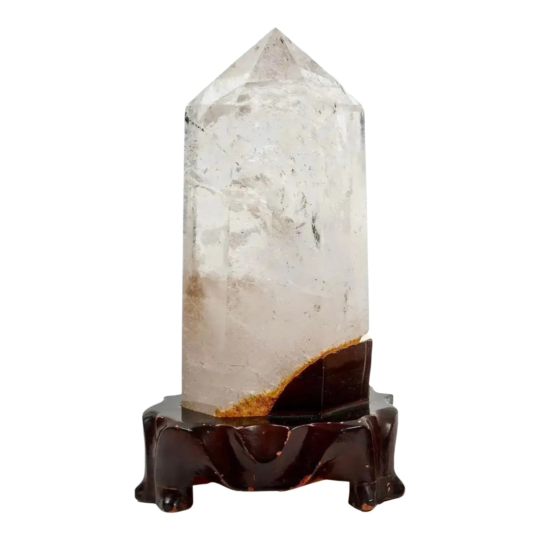 Natural Rock Crystal Tower Obelisk: Natural rock crystal Tower Obelisk Natural rock crystal on carved wood base. Condition: Alterations: Original Condition Unaltered Imperfections: Some Imperfections Condition Notes: Good condition