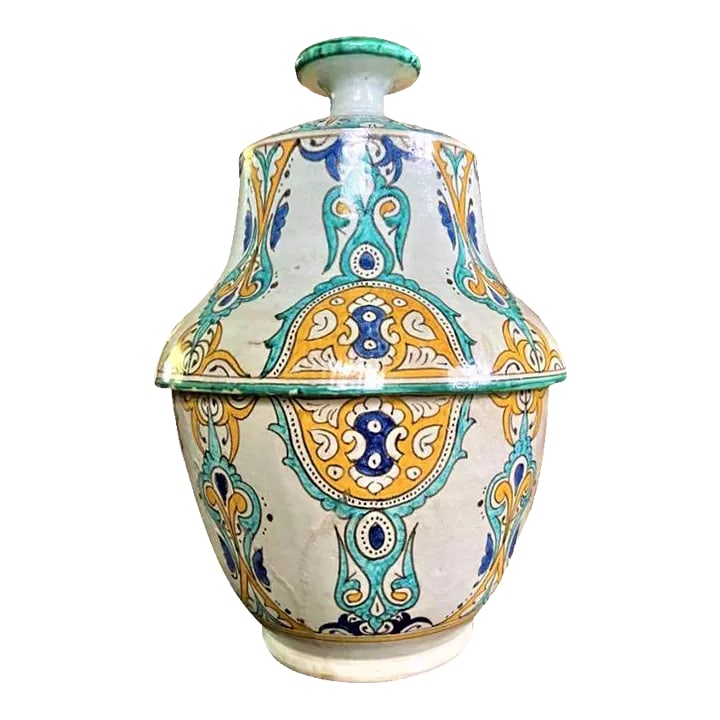 Mid 20th Century Large Fez Ceramic Lidded Jar From Morocco: Fez ceramics large lidded jar, Mid-20th Century Morocco. Stunning accent for a Spanish, Mediterranean, Moorish or Arts & Crafts home. 18" high, 12" diameter. Condition: Alterations: Original Condition