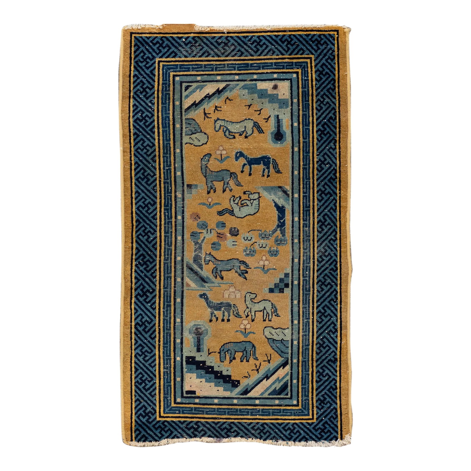 Vintage Chinese Beige Handmade Art Deco Wool Rug: Beautiful vintage Chinese hand-knotted wool rug with a beige field. This piece has a blue frame and brown accents in an all-over art deco design. This rug measures: 2'6" x 4'8". Condition: