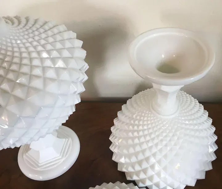Vintage Milk Glass Covered Centerpiece Bowl with Saw Tooth Design - a Pair - 10