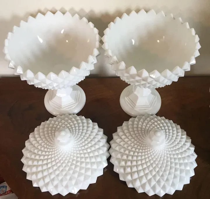 Vintage Milk Glass Covered Centerpiece Bowl with Saw Tooth Design - a Pair - 11