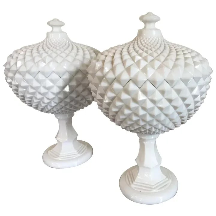 Vintage Milk Glass Covered Centerpiece Bowl with Saw Tooth Design - a Pair - 12