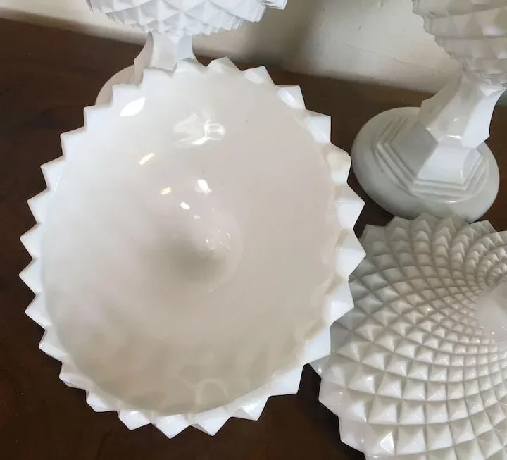 Vintage Milk Glass Covered Centerpiece Bowl with Saw Tooth Design - a Pair - 2