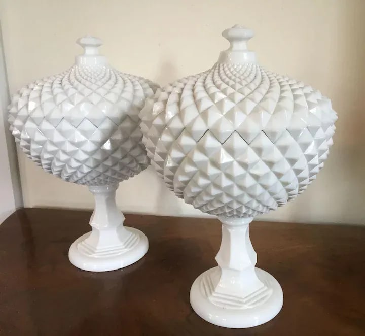 Vintage Milk Glass Covered Centerpiece Bowl with Saw Tooth Design - a Pair - 4
