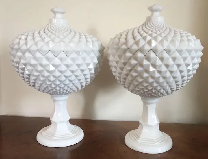 Vintage Milk Glass Covered Centerpiece Bowl with Saw Tooth Design - a Pair - 5
