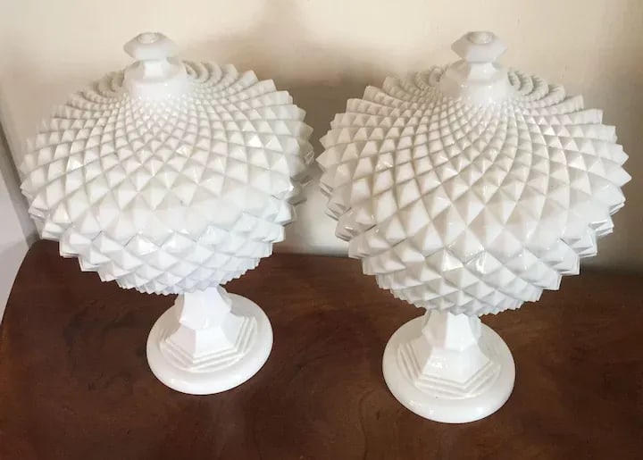 Vintage Milk Glass Covered Centerpiece Bowl with Saw Tooth Design - a Pair - 6