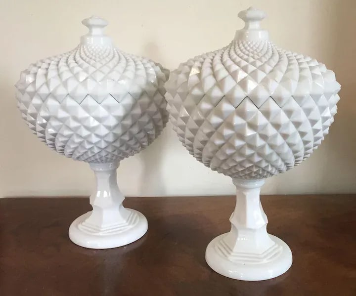 Vintage Milk Glass Covered Centerpiece Bowl with Saw Tooth Design - a Pair - 7