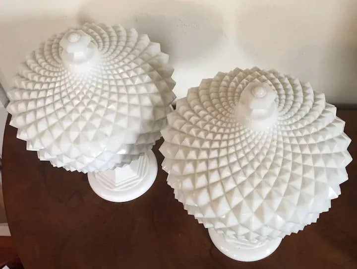 Vintage Milk Glass Covered Centerpiece Bowl with Saw Tooth Design - a Pair - 8