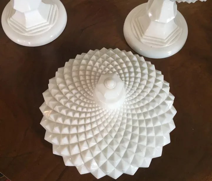 Vintage Milk Glass Covered Centerpiece Bowl with Saw Tooth Design - a Pair - 9