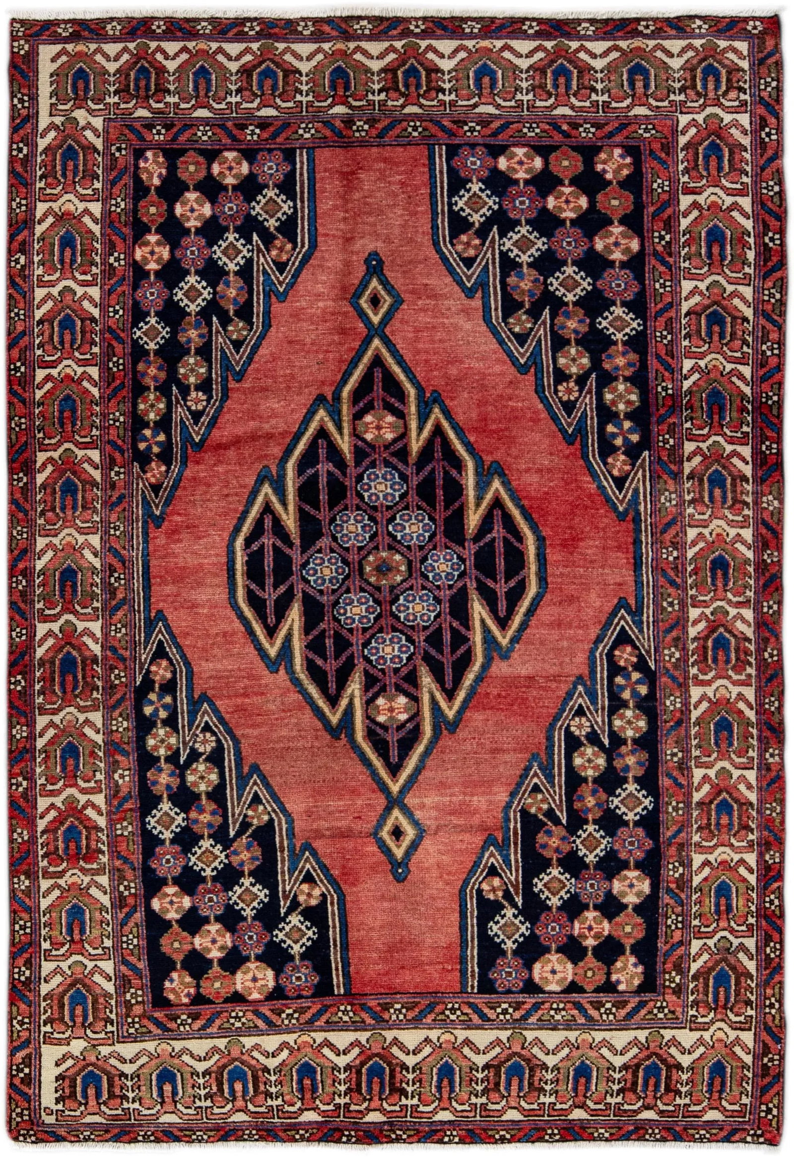 Vintage Handmade Persian Red Geometric Wool Rug 4'2" X 6'3" - 11