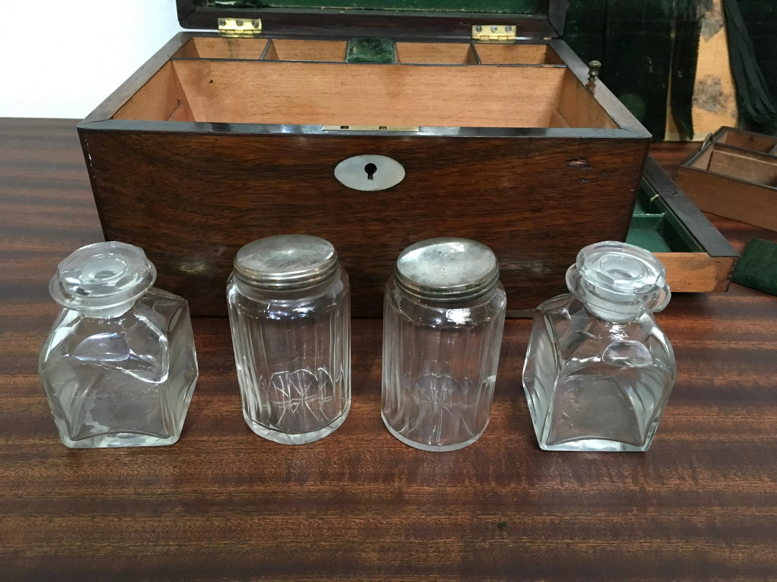 Victorian English Rosewood Gentleman's Dressing Box With Cut Crystal Bottles & Secret Compartment, C - 7