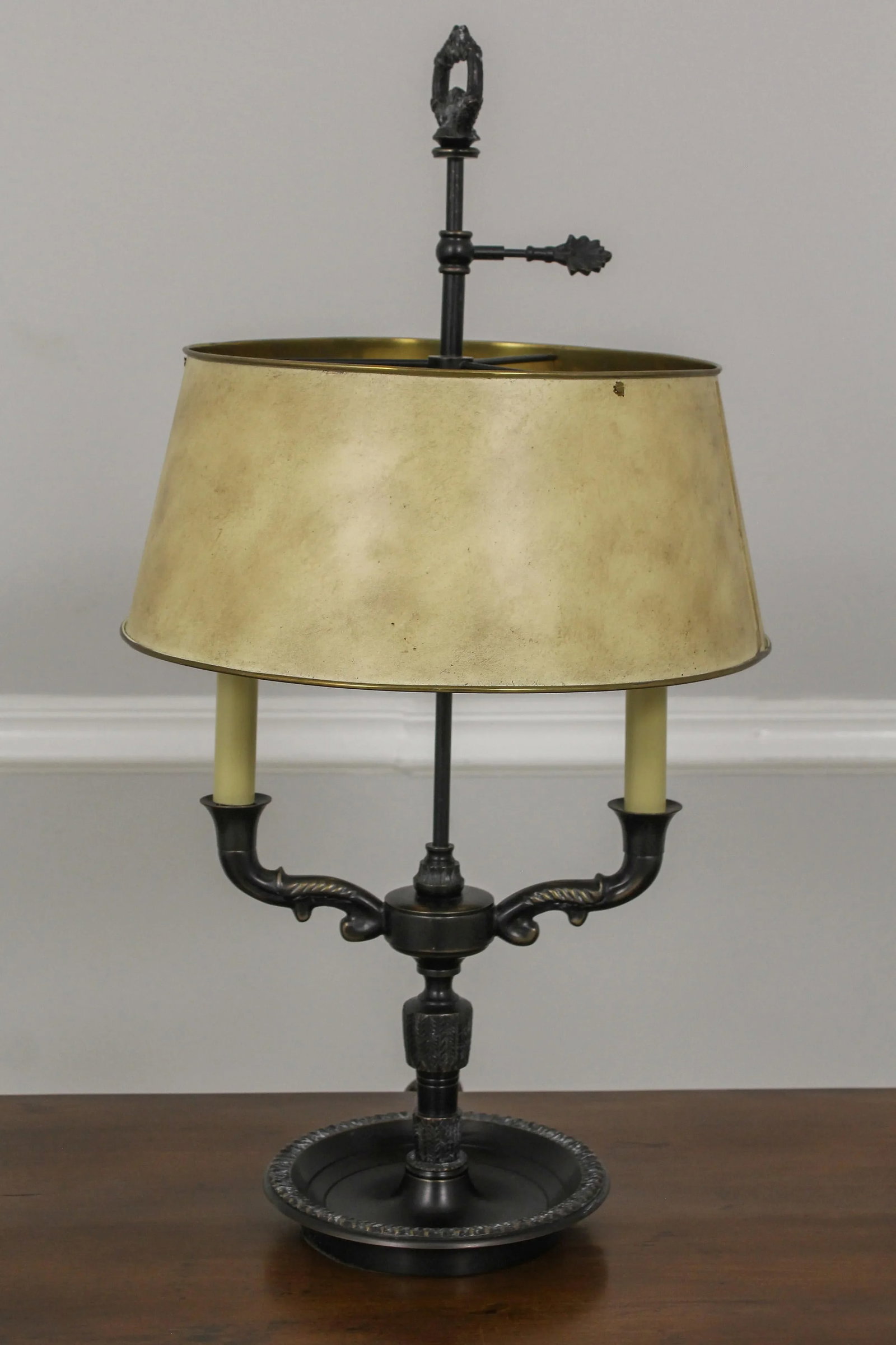 Bronze Finish Double Arm Table Lamp W. Tole Shade - 9