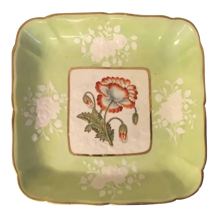 Antique Early 19th Century English Regency Coalport Porcelain Square Serving Platter Decorated with: Antique early 19th c. Coalport porcelain botanical square dessert dish. Decorated with a named specimen - Eastern Poppy - on a light green ground. Measures 10" across corner to corner. Good condition.