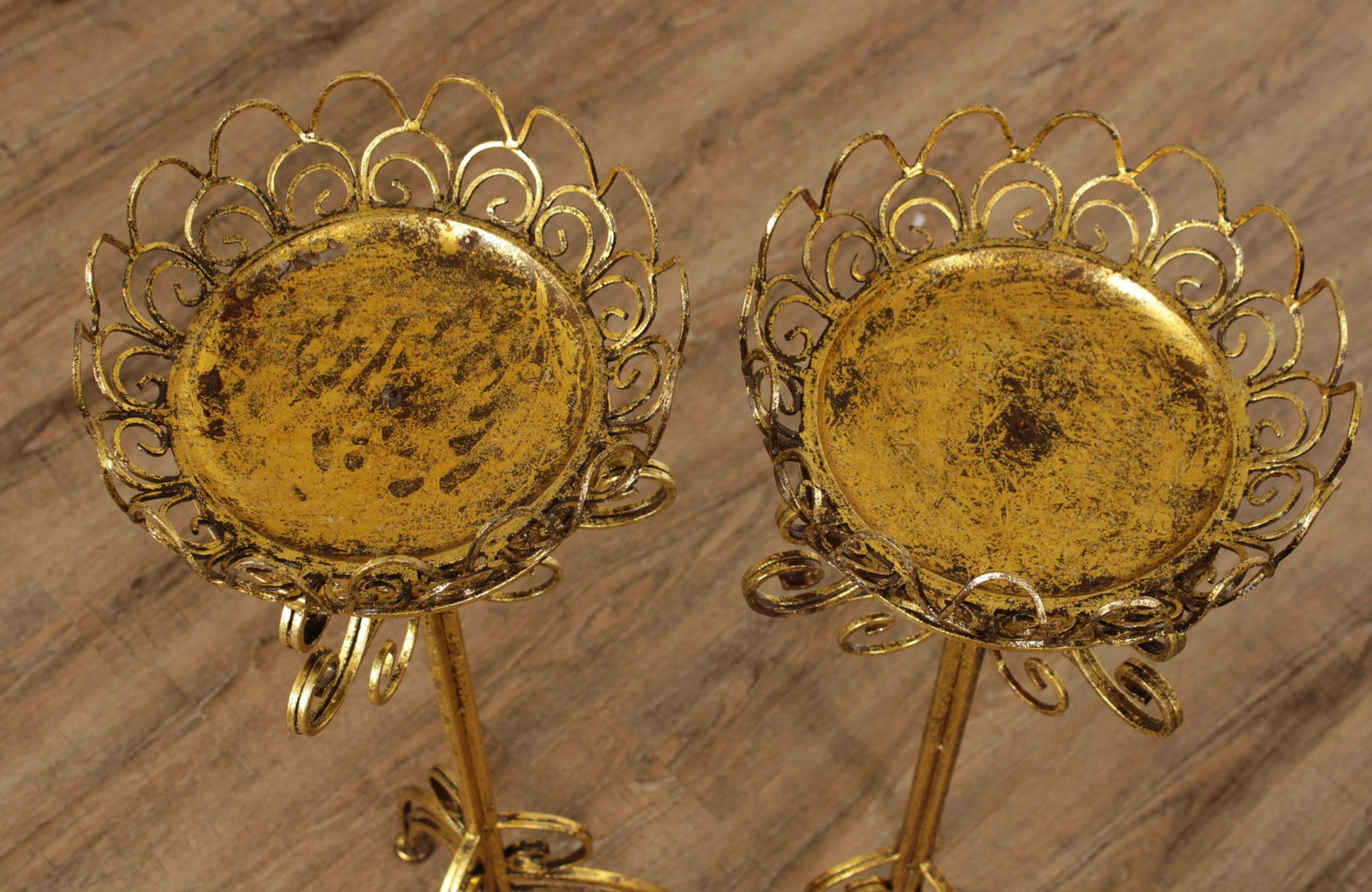 Hollywood Regency Gilt Metal Scroll Candle Stands - A Pair - 10