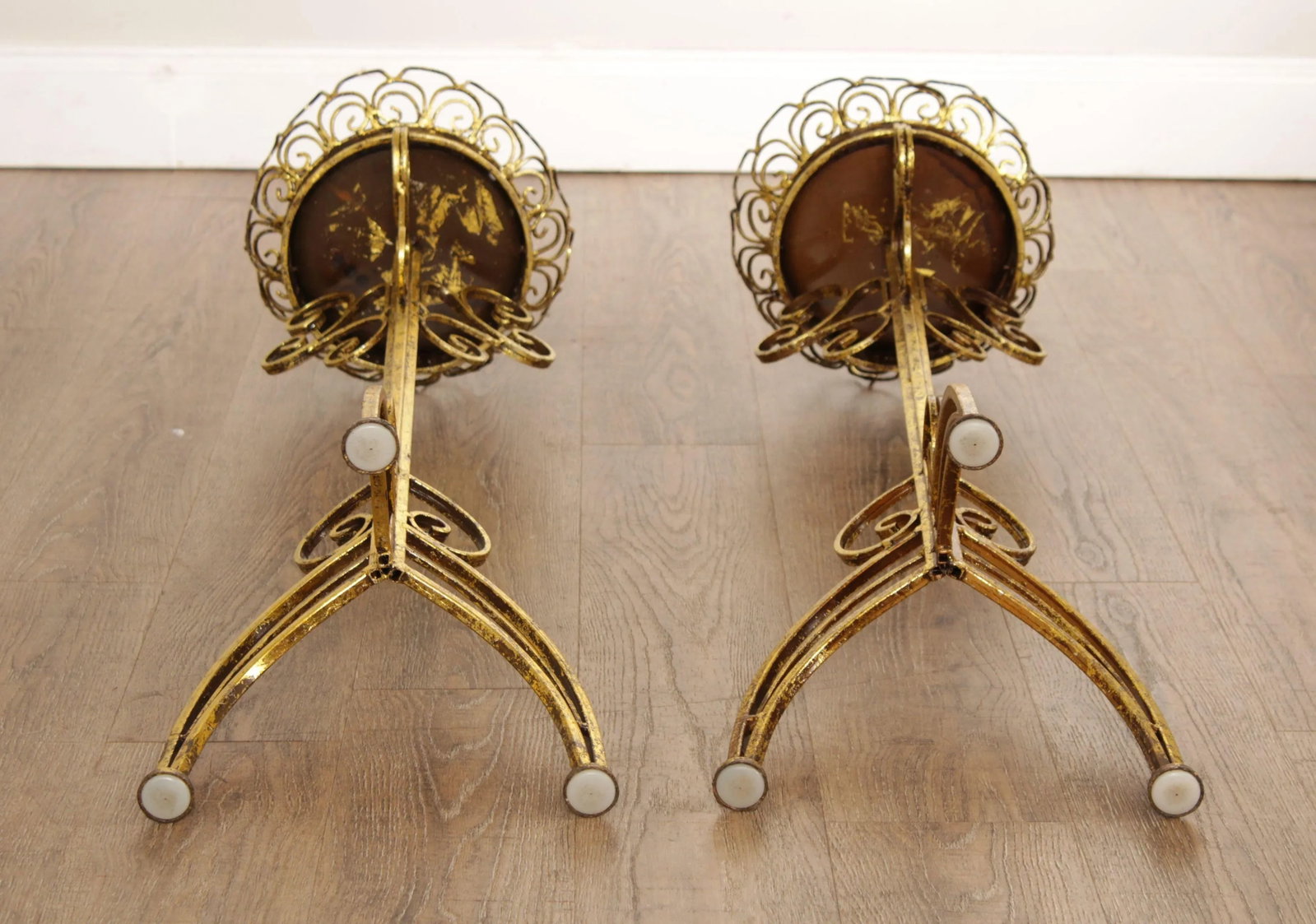 Hollywood Regency Gilt Metal Scroll Candle Stands - A Pair - 12