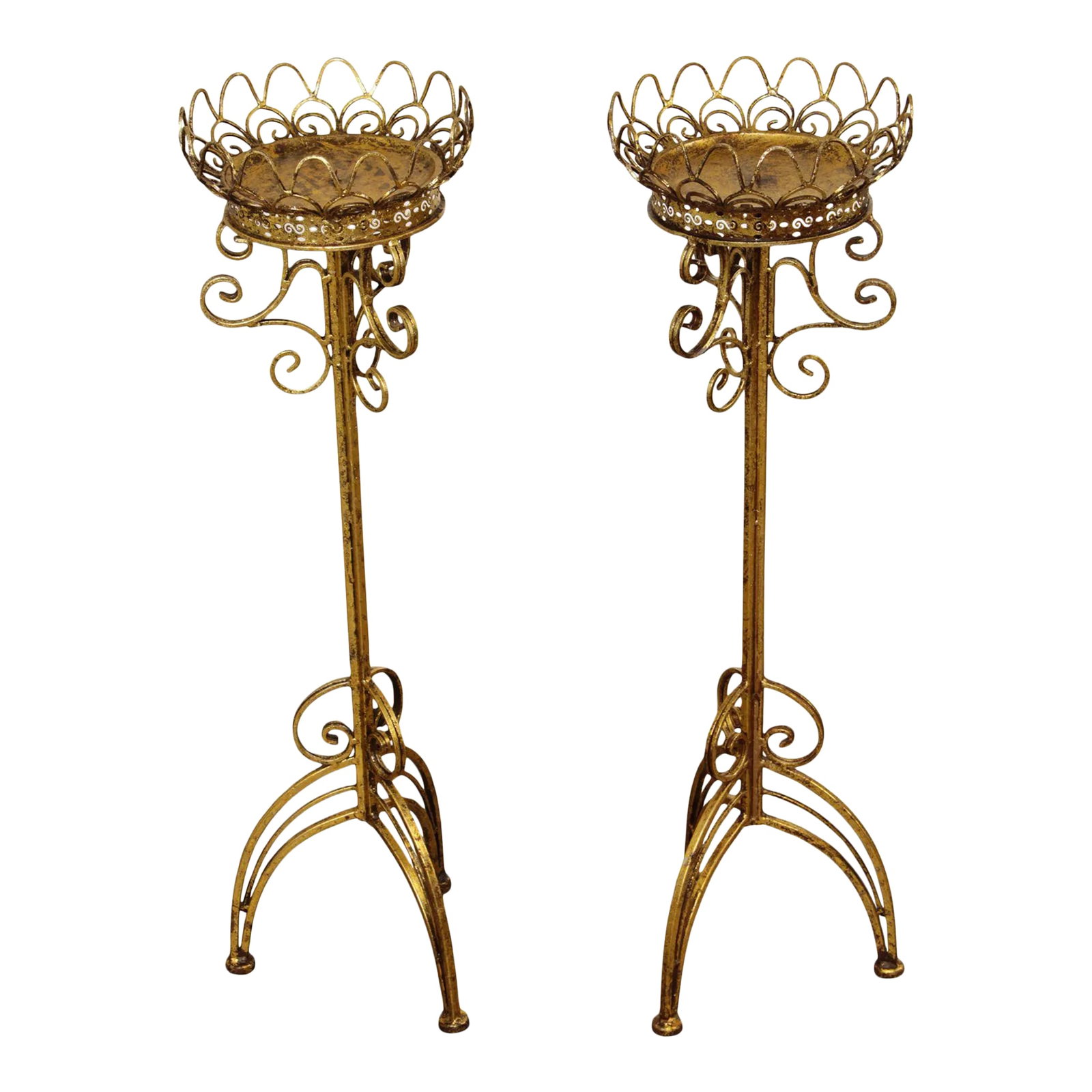 Hollywood Regency Gilt Metal Scroll Candle Stands - A Pair: High Quality Vintage Pair of Gold Leaf Finished Metal Scroll Pricket Candlestick Holders Condition: Alterations: Original Condition Unaltered Imperfections: Some Imperfections Condition Notes: Clean v