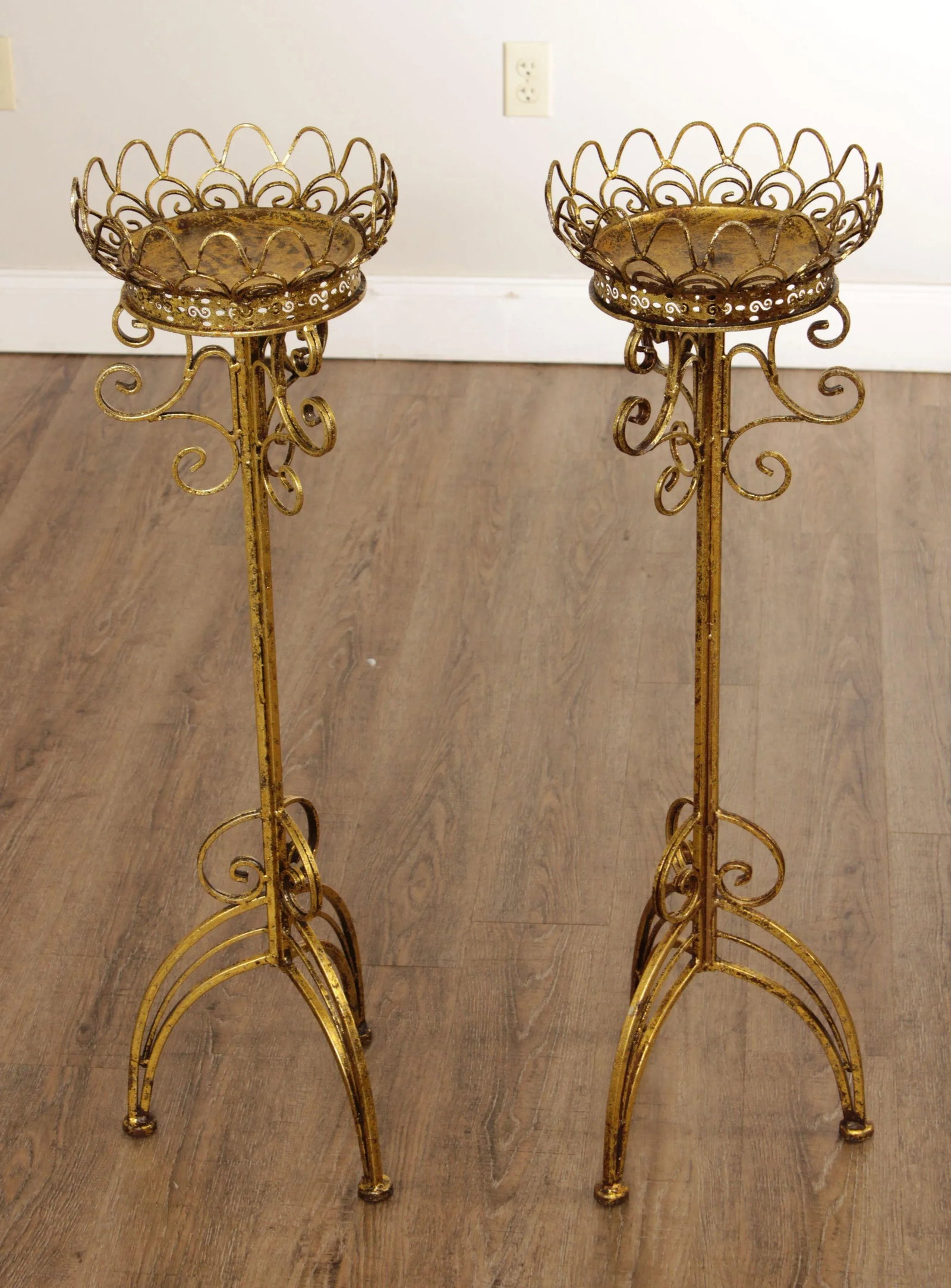 Hollywood Regency Gilt Metal Scroll Candle Stands - A Pair - 2