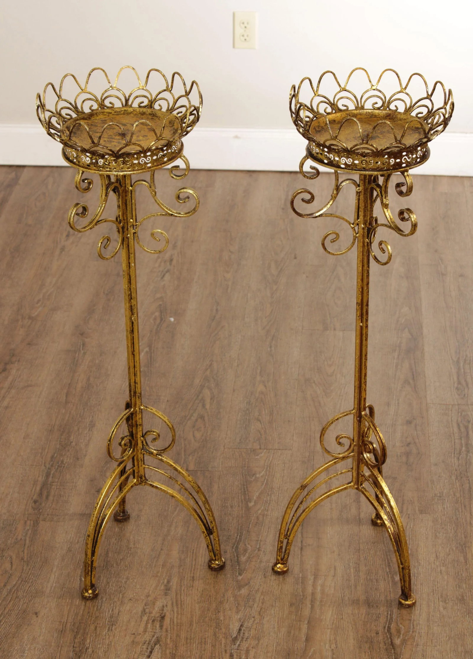 Hollywood Regency Gilt Metal Scroll Candle Stands - A Pair - 3