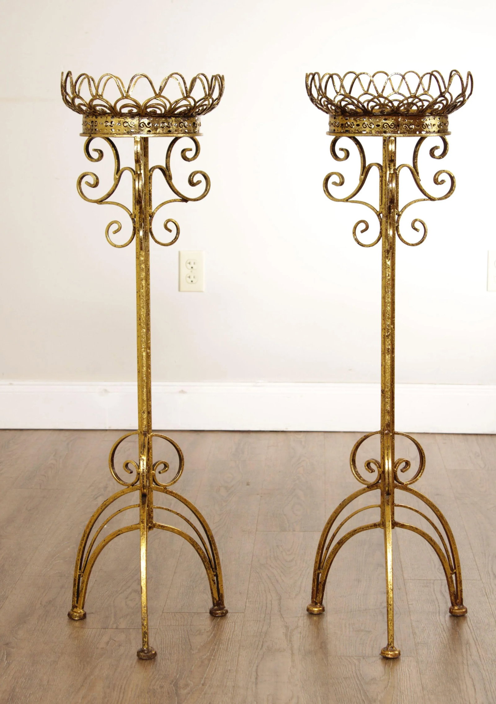 Hollywood Regency Gilt Metal Scroll Candle Stands - A Pair - 4