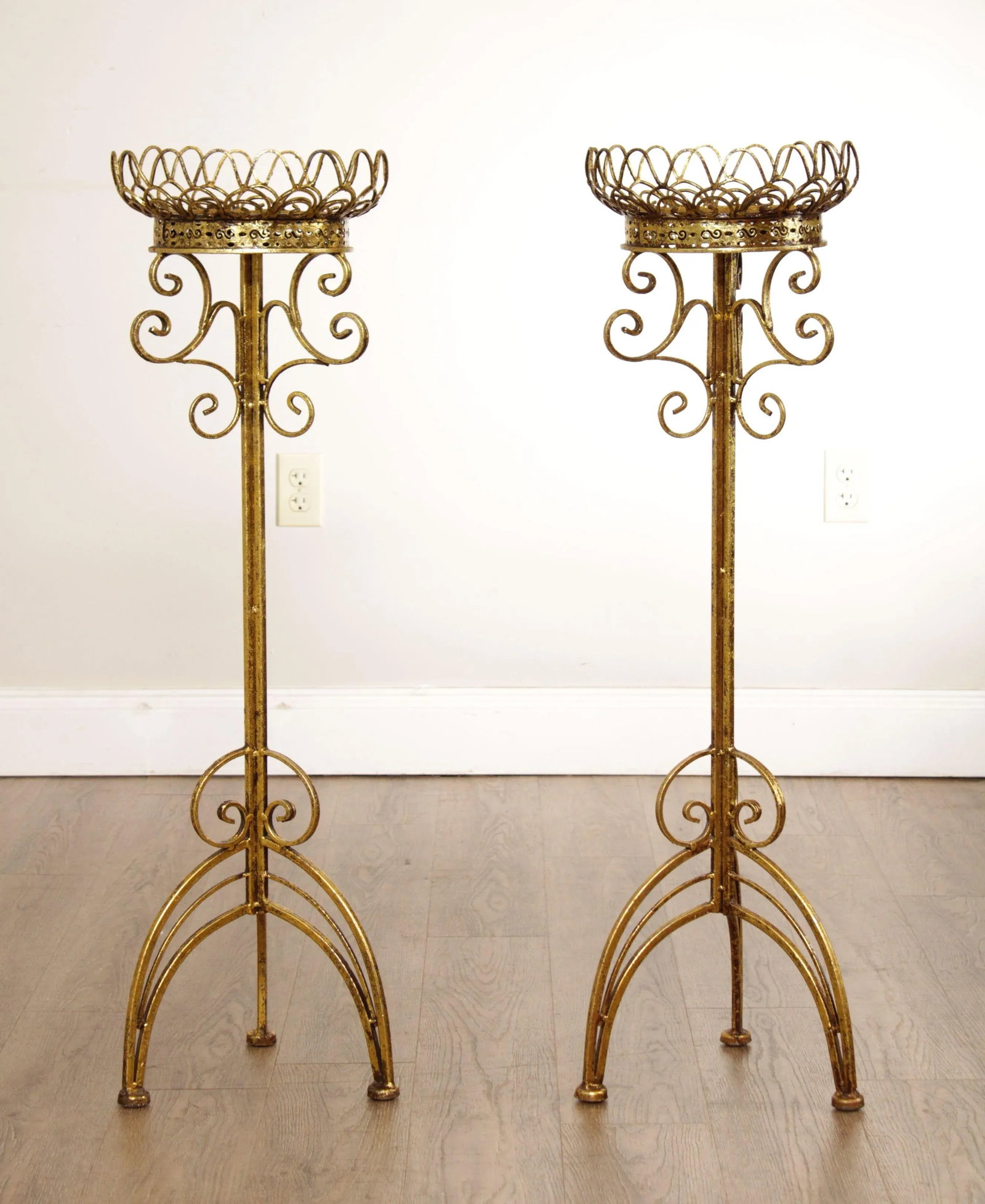 Hollywood Regency Gilt Metal Scroll Candle Stands - A Pair - 5