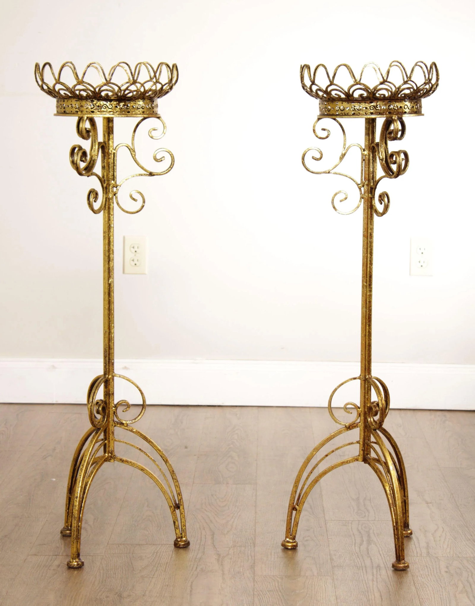 Hollywood Regency Gilt Metal Scroll Candle Stands - A Pair - 6