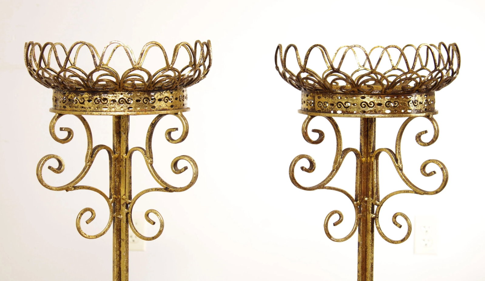 Hollywood Regency Gilt Metal Scroll Candle Stands - A Pair - 7